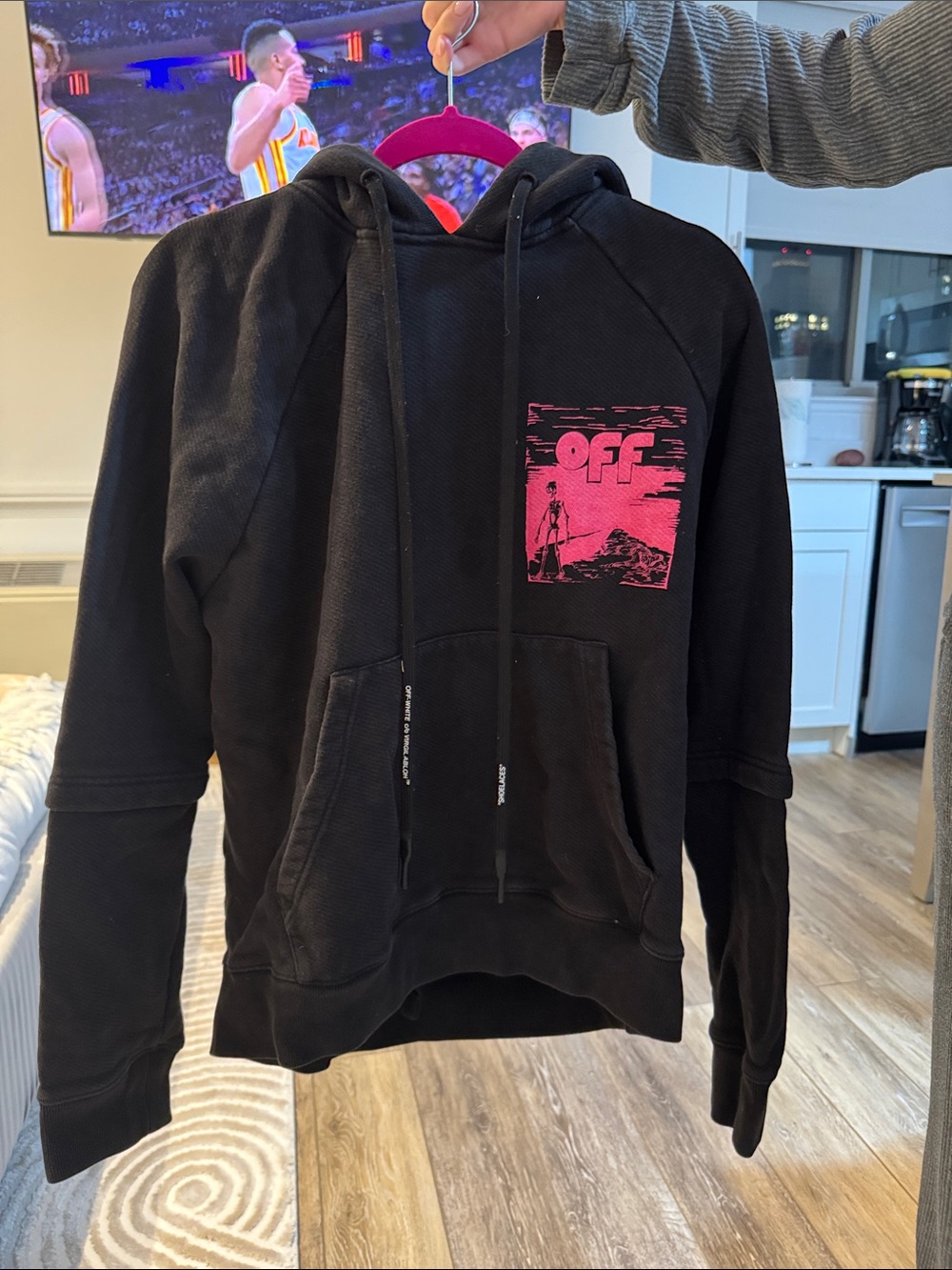Off-White Black Hoodie with Pink Chest Graphic